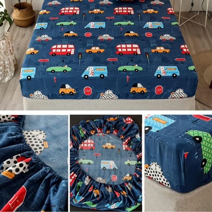 Drap-housse 90x200cm Motif Voitures - Microfibre Douce Pour Enfants - Adapté Matelas Jusqu'à 30cm