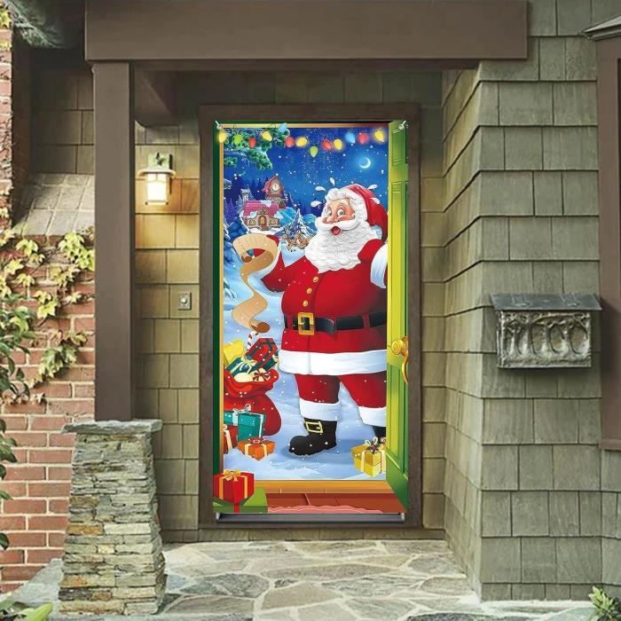 Couverture De Porte De Noël Père Noël – Bannière Décoration Suspendue Rouge – Intérieur Extérieur 90x200cm