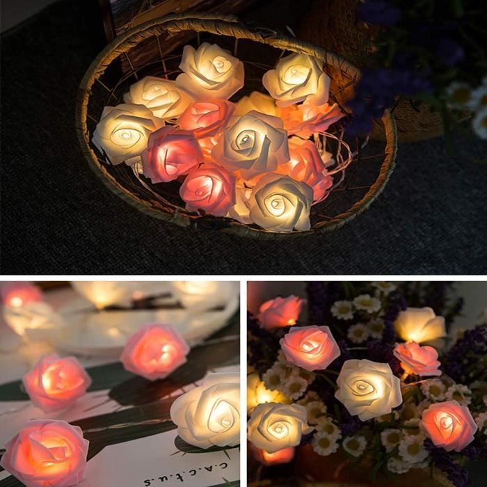 Guirlande LED clignotant lumineux artificielle roses fraîches romantique  décoratif fleur mariage Saint Valentin cadeau à envoyer amoureux Base en  bois