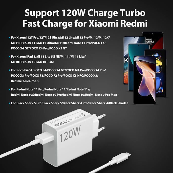 Chargeur 120W pour Xiaomi, 120W Chargeur Charge Rapide USB C avec Câble USB C 1m pour Xiaomi 14 Ultra 11T Pro 12T 13 Pro 13 Lite 13 12 12X, Redmi Note 12pro