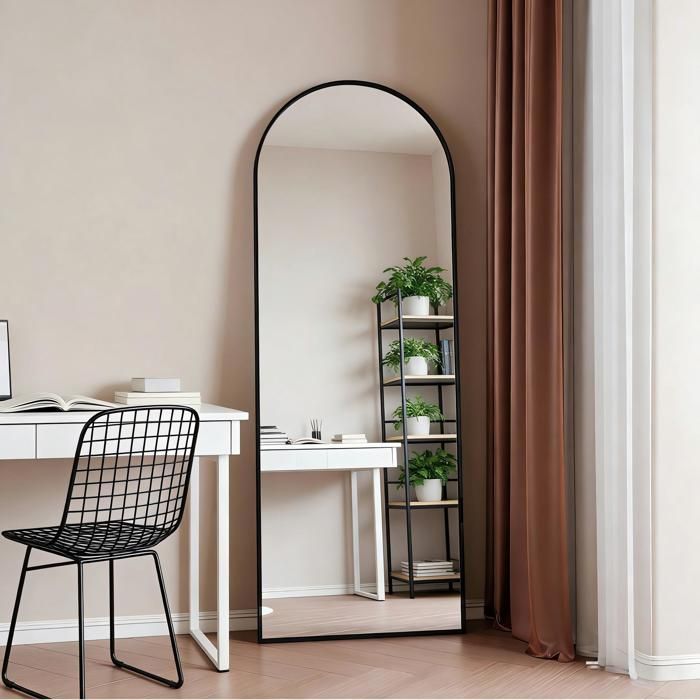 Miroir Sur Pied Pleine Longueur - 150x40 Cm - Cadre Aluminium Noir - Verre Trempé Sécurit - Chambre, Dressing