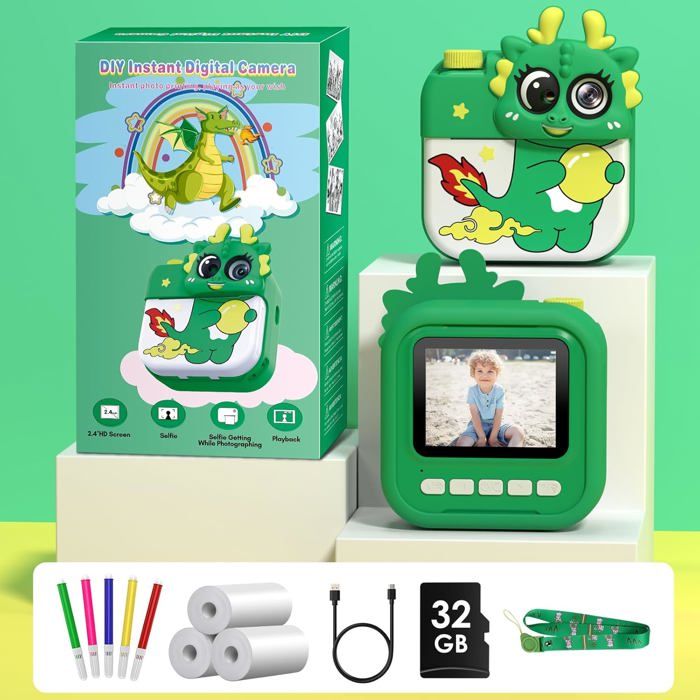 Appareil Photo Instantané Enfant 48MP 2K – Écran 2.0'', Impression Papier, 32 Go SD, 25 Cadres, Batterie 1400mAh – Cadeau Idéal 3-12 Ans Batterie 1400mAh Type-C