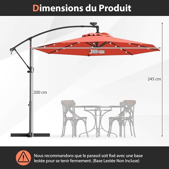 Parasol Déporté, En Aluminium, Diamètre :3,5-3 M, Avec Manivelle, Protection UV 40 +, Support