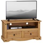 IDIMEX Meuble TV SALSA banc télévision de 108 cm en bois style mexicain avec 2 tiroirs et 1 niche, en pin massif finition teintée/cirée