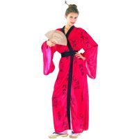 Déguisement geisha femme - Kimono rouge avec écritures asiatiques et ceinture noire - Adulte