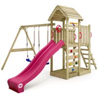 Aire de jeux Portique bois MultiFlyer avec balançoire et toboggan violet pour enfants - WICKEY