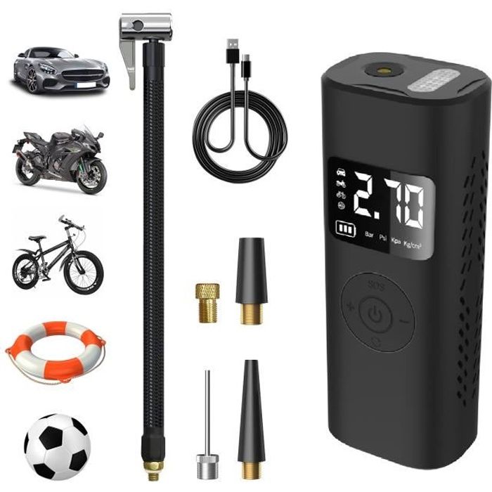 Gonfleur de pneu Compresseur d'air portable 150PSI Pompe à air électrique  avec manomètre Lumière LED 4000mAh Batterie externe rechargeable par USB  Arrêt automatique pour balles de vélo de voiture et autres gonflables 