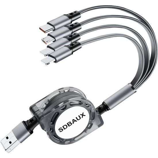 Chargeur Voiture 5 En 1 Rétractable Avec Câbles Intégrés | PD 30W, QC3.0, Voltmètre | Pour IPhone, Samsung, Android
