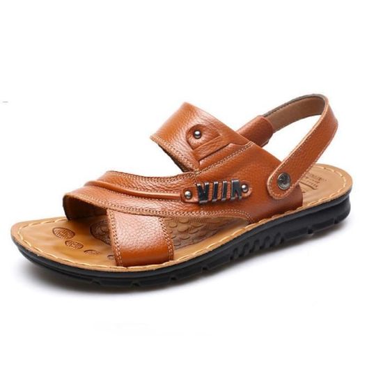Sandales à bout ouvert en cuir de vache caramel