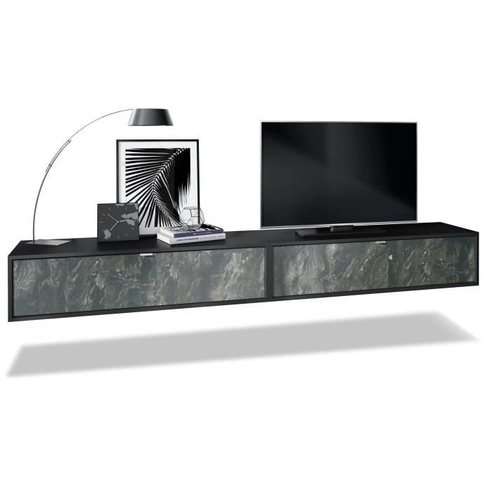 Ensemble de 2 set meuble TV Lana 120 armoire murale lowboard 120 x 29 x 37 cm, caisson en Noir mat, façades en Marbre Graphite