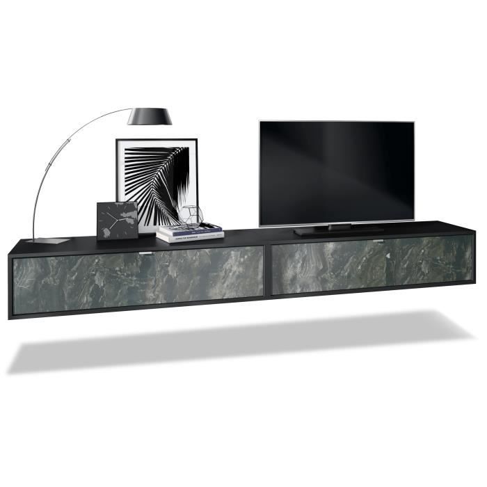 vladon ensemble de 2 set meuble tv lana 120 armoire murale lowboard 120 x 29 x 37 cm en noir mat, façades en marbre graphite