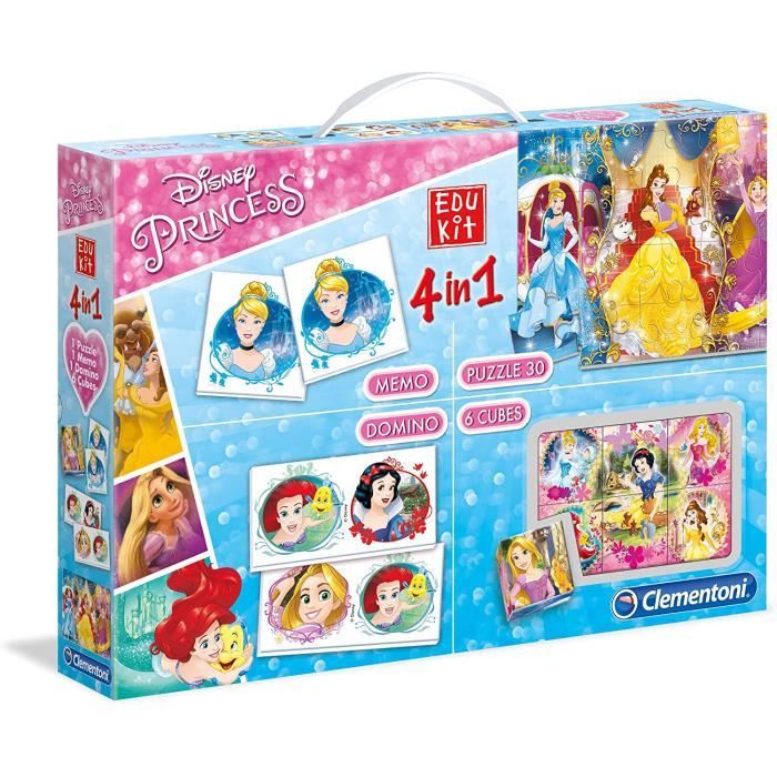 Coffret societe de jeu disney princesses 4 en 1 : puzzle + memo + domino + cubes - Ariel Raiponce cendrillon blanche neige