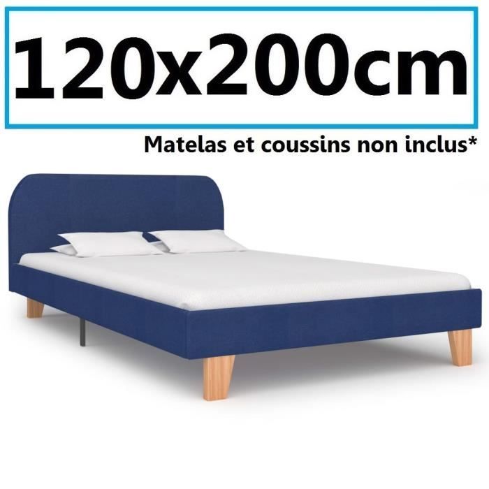 Lit Sommier 120x200cm adulte Chambre design avec dossier Rectangle Bleu Tissu pieds en bois