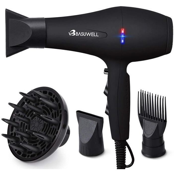 Basuwell Sèche Cheveux Professionnel 2100W, Salon Sèche-Cheveux avec Diffuseur,Peigne et Buse, Puissant AC Moteur (Noir)