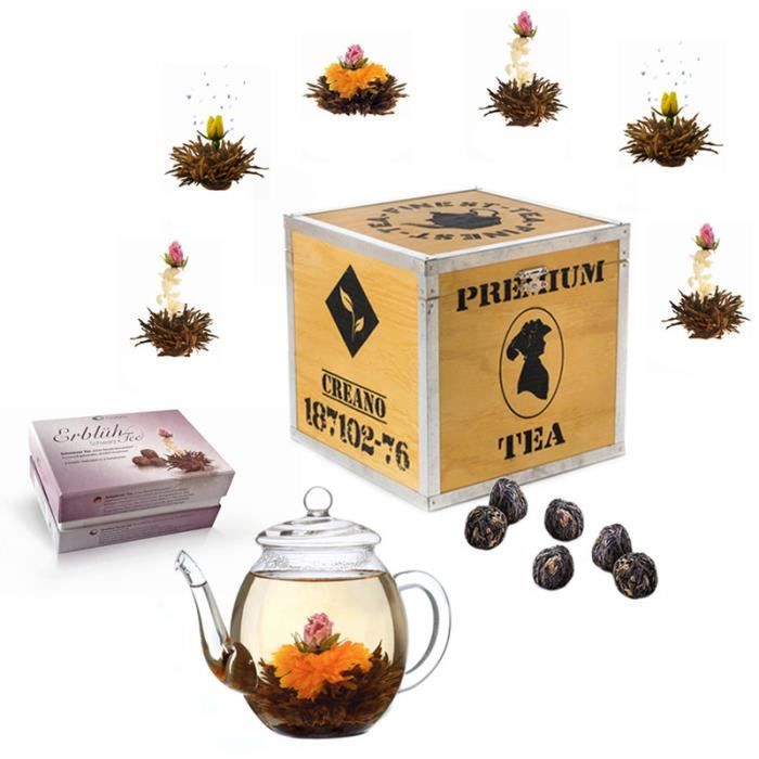 CREANO Tea Flowers - Coffret cadeau thé fleuri avec pot en verre de 500ml dans une boîte en bois - 6 roses de thé noir