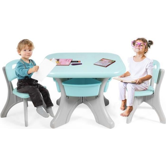 DREAMADE Ensemble de Table et Chaises d'Activités pour Enfant, Table et Chaises pour Enfant avec 4 Paniers de Rangement, Vert