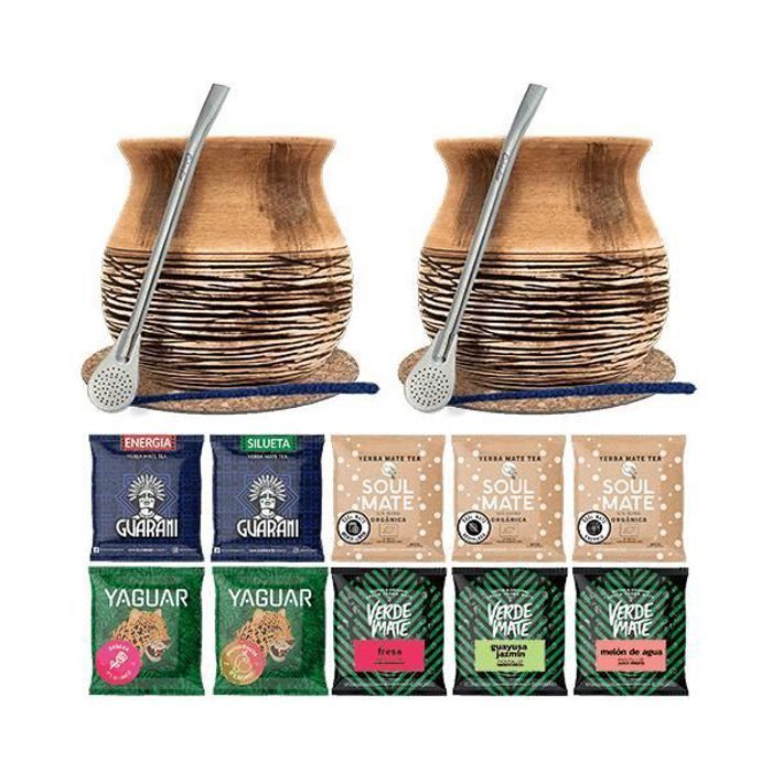 Calebasse Maté Kit x 2 Échantillons De Yerba Mate Biologique 10x 50 g et Bombilla Maté