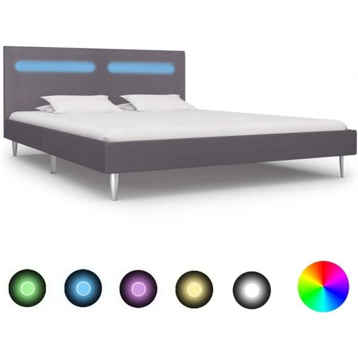 LEXLIFE Cadre De Lit Moderne: King Size 180*200 Cm - Lit Design LED - Tissu De Luxe&Fer Robuste - Sommier à Lattes Inclus - Gris