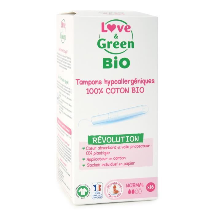LOVE & GREEN Tampons hypoallergéniques - 100% coton BIO certifiés GOTS - -NORMAL- avec Applicateur - 16 tampons