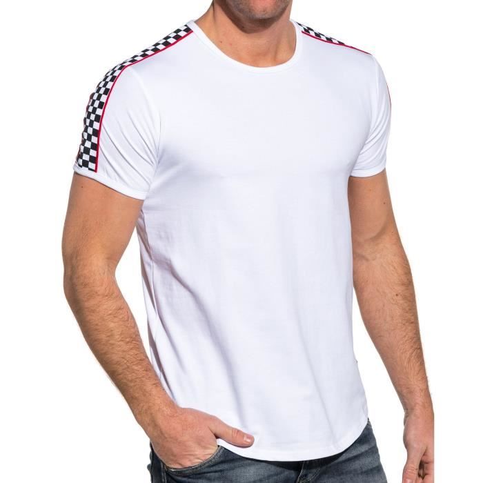 Tee shirt bandes damier et liseré homme blanc