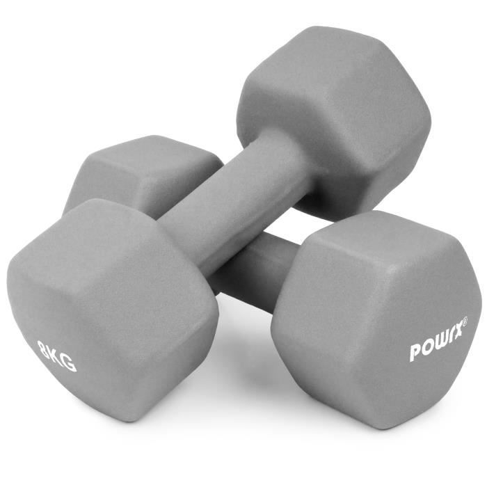 POWRX Haltères hexagone en néoprène (Gris, 2 x 8kg)