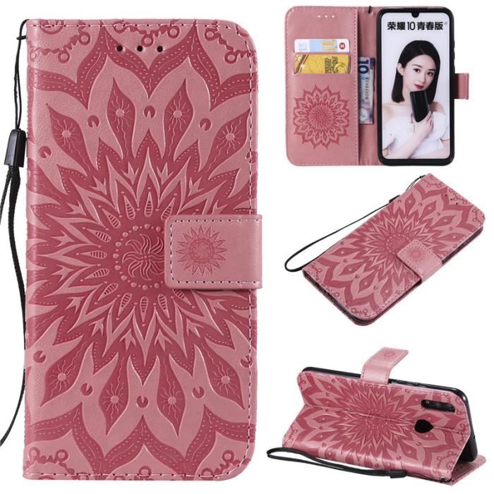 Pink tournesol- pour HUAWEI P Smart 2019/Honor 10 Lite 6.21- Etui Housse Coque en Cuir Portefeuille Wallet Case Cover
