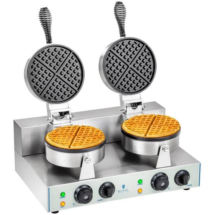 Gaufrier électrique rond double professionnel Inox 2600W Plaque Téflon 43x50x56cm 2x1300W Minuterie Royal Catering RCWM-2600-R