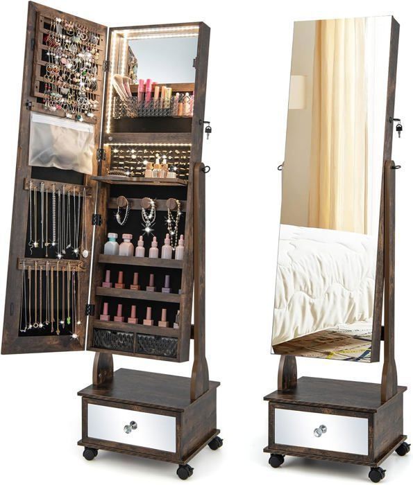 GOPLUS Armoire à Bijoux avec Roues Verrouillable-Miroir de Courtoisie Interne et Pleine Longueur-Lumières LED Café