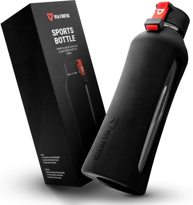 Gourde en verre - VIA FORTIS - Bouteille Noire - Housse silicone - Design sportif compact - Noir
