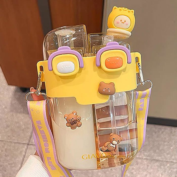Bouteille deau mignonne avec paille - Bouteille deau kawaii pour enfants avec sangle bouteille en plastique portable  (jaune)
