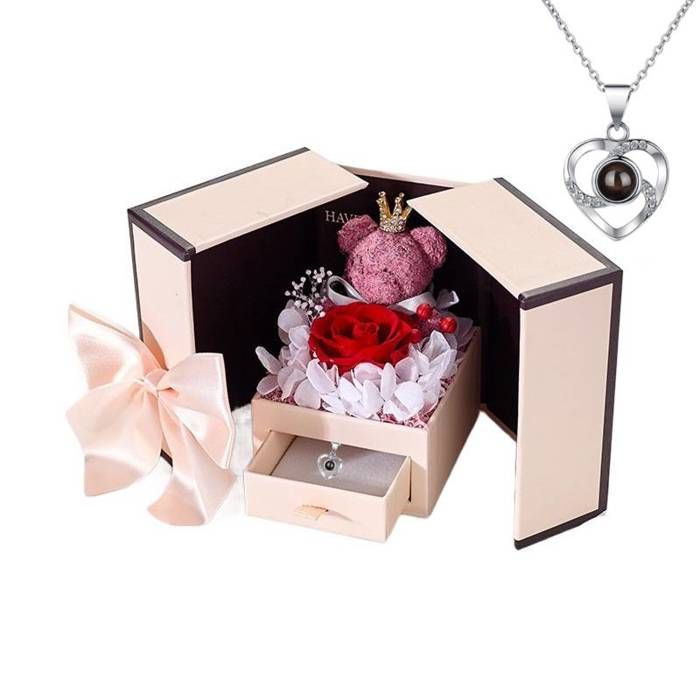 Preserved Roses In A Box With I Love You Necklace, Eternal