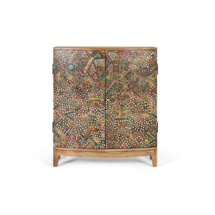 Buffet bas en bois de manguier - Design artistique - Deux portes - Mosaïque géométrique et florale