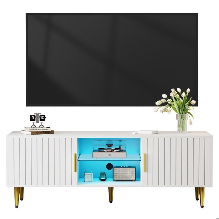 Meuble TV avec LED 2 Portes Compartiment Rangement Pieds Dorés Meuble Salon Armoire TV Moderne Cloison Amovible 140 x 40 x 48 cm