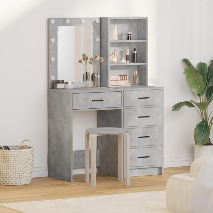 Set de coiffeuse 2 pièces avec LED en bois d ingénierie gris béton