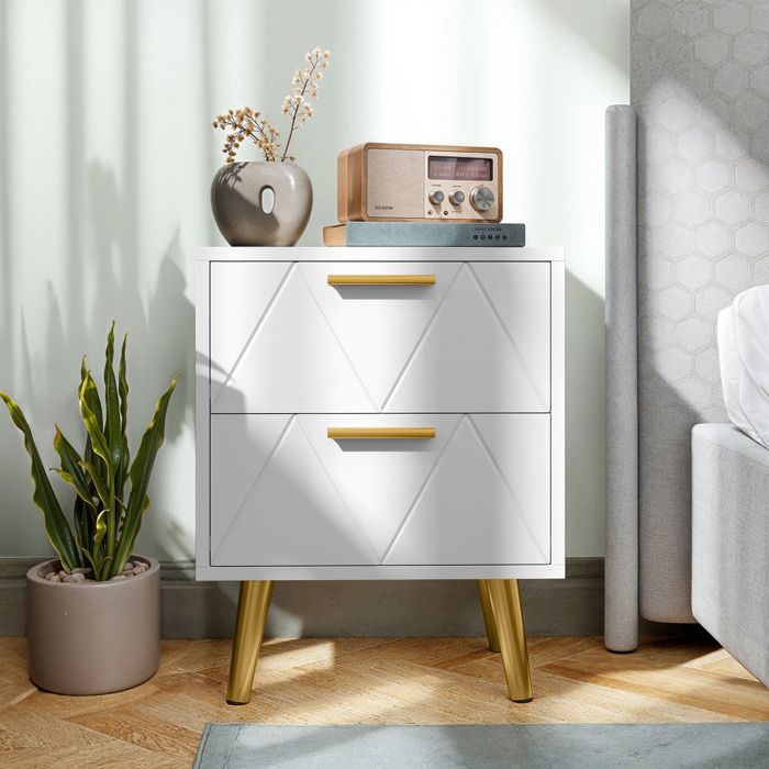 Balconera Table de Chevet 2 Tiroirs 40×30×52cm - 2 USB+2 Prises Pieds/Poignées Métal Doré Salon Chambre Blanc