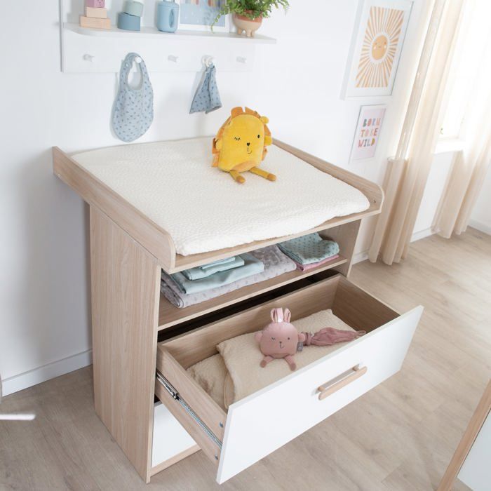 Commode+à+langer+evolutive+-+ROBA+-+CABANE+-+2+tiroirs+-+Extension+à+langer+amovible+-+Chene+/+Blanc
