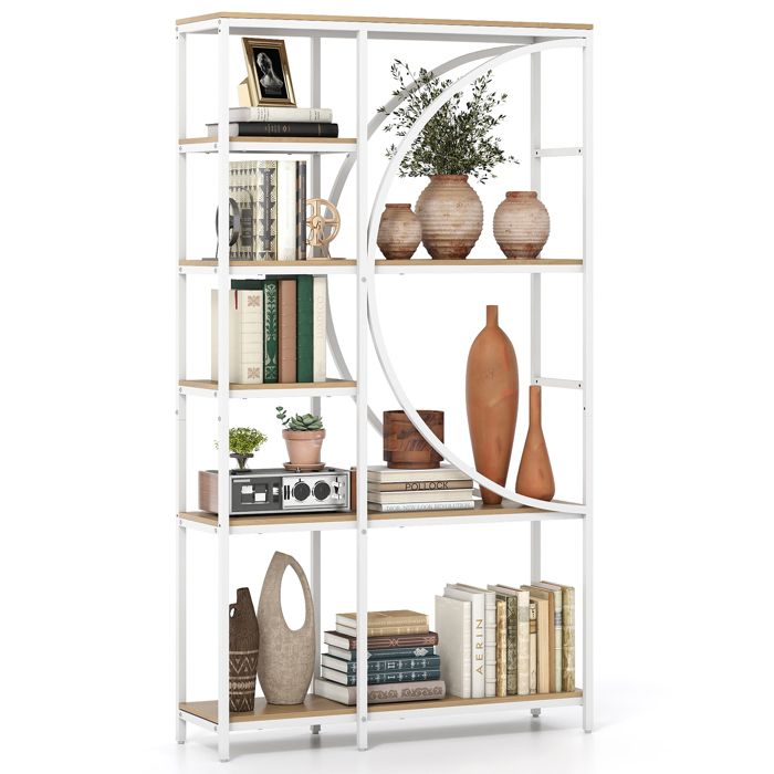 Bibliothèque à 6 Niveaux COSTWAY Étagère Autoportante avec Rangement Ouverts Design en Arc Cadre en Métal Salon Bureau Blanc