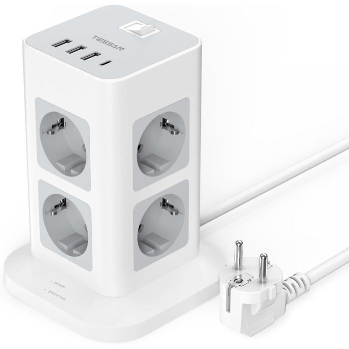 Tour Multiprise à 8 Prises (2500 W/10 A) Avec 4 Ports De
