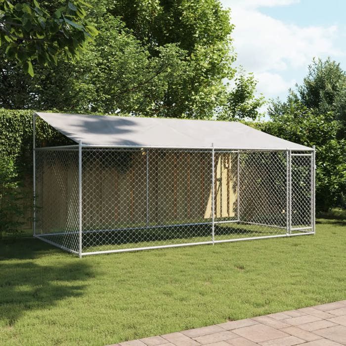 Cage pour chien en acier galvanisé - BURKE - 4x2x2 m - Gris - Toit imperméable - Porte verrouillable - Maille ventilée