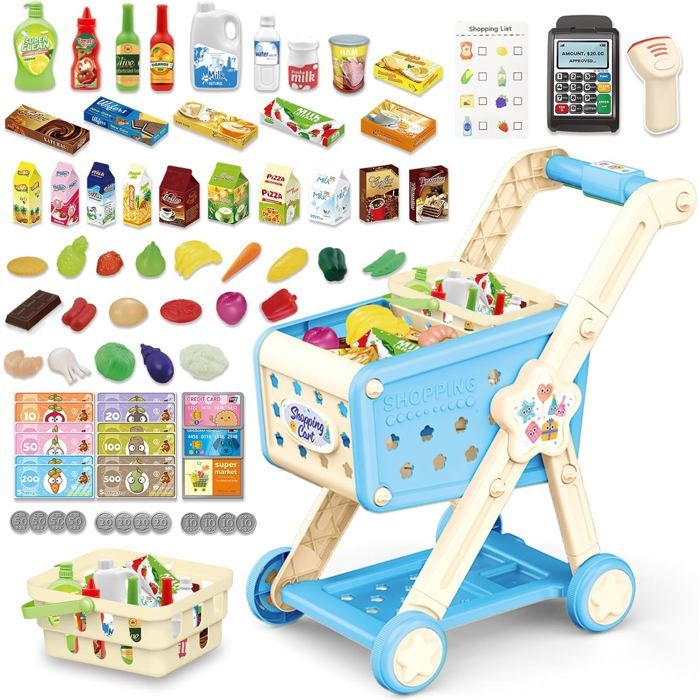 RedCrab Chariot De Courses Enfant – 74 Accessoires, Scanner BIP, Calculatrice, Réglable – Dès 3 Ans – Vert