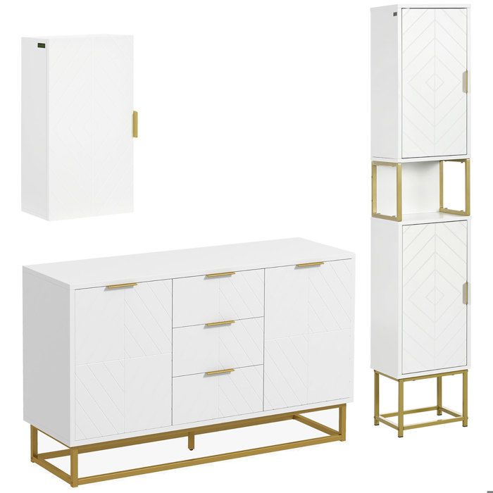 Lot de meubles de rangement kleankin - buffet armoire murale et meuble colonne - étagère réglable pieds en acier - doré blanc Lot de meubles de rangement kleankin - buffet armoire murale et meuble colonne - étagère réglable pieds en acier - doré blanc