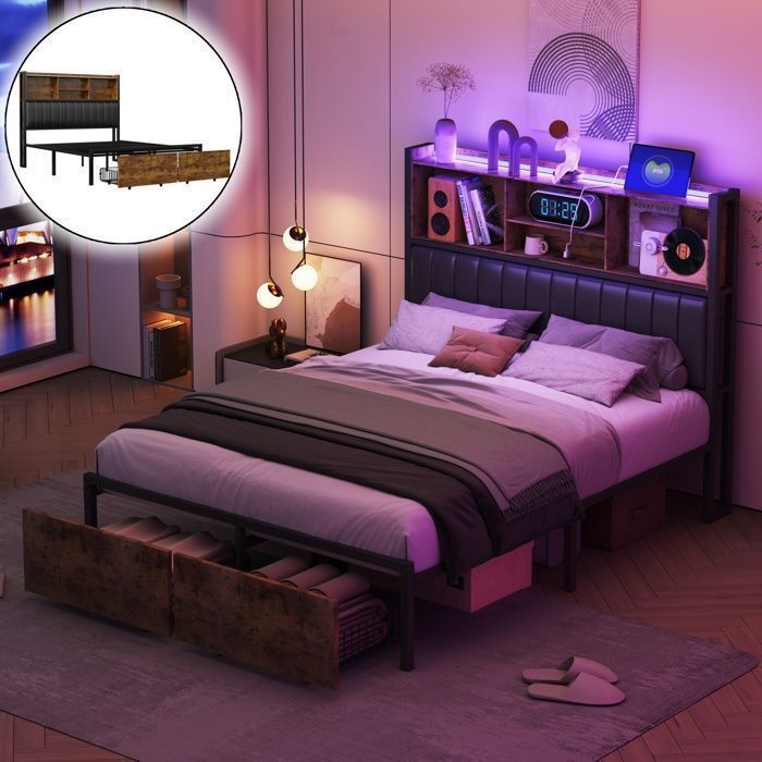 Lit Double 160x200 cm  Lit Capitonné avec LED et