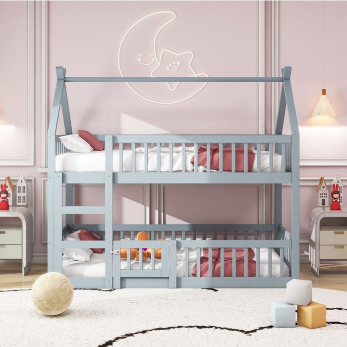 Lit mezzanine 90x200 cm gris avec cabane inférieure porte et escalier intégrés