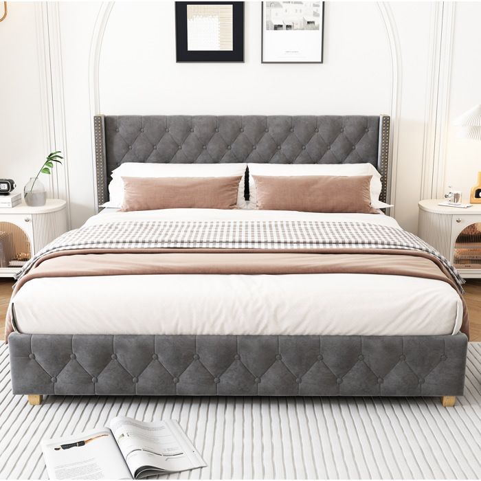 Lit 160 × 200 cm en velours gris avec tête de lit capitonnée