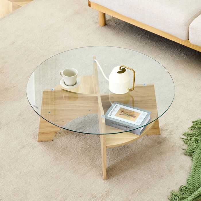 Table basse ronde BELLEMAVE en verre – Ø 80 cm avec plateau transparent étagère intégrée Pieds en MDF aspect bois clair