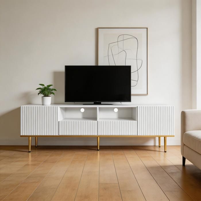Meuble TV - Meuble TV moderne pieds et bordure dorés - Blanc - 165x36x55 cm - Accents dorés