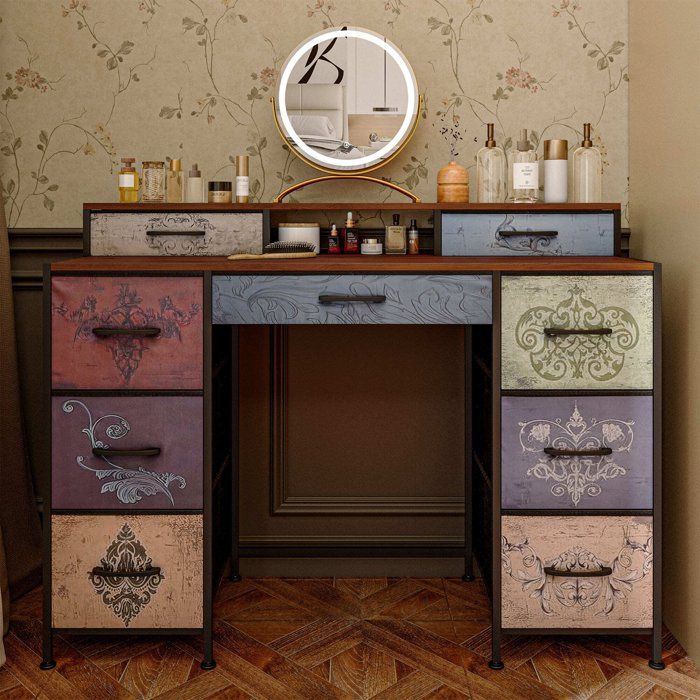 Bureau Coiffeuse Vintage avec 9 TiroirsMeuble de Rangement Style RétroPlateau en BoisStructure Métallique121x40x91cmMulticolore