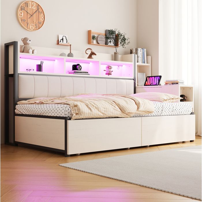 Lit combiné 1 place 90 x 200 cm avec bureau coulissant et rangements intégrés 2 tiroirs - ELVMI - Métal et bois Blanc