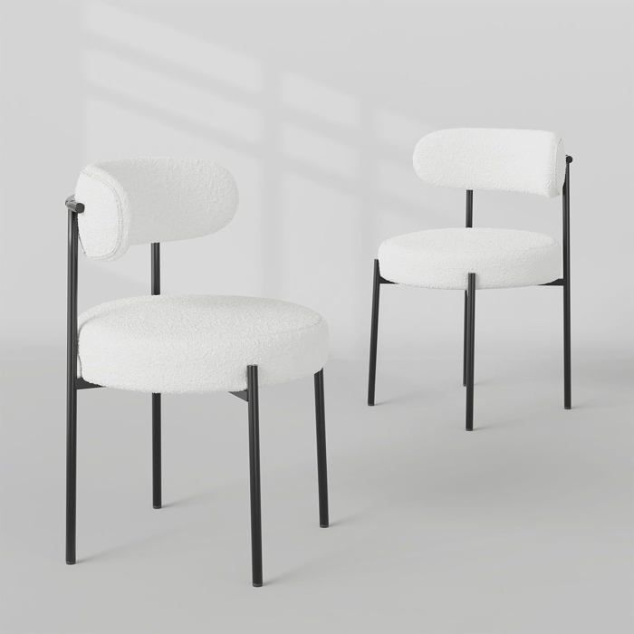 CHAISE-Lot de 2 chaises de salle à manger chaise bouclette，chaises modernes rembourrées dossier incurvé + pieds en métal blanc