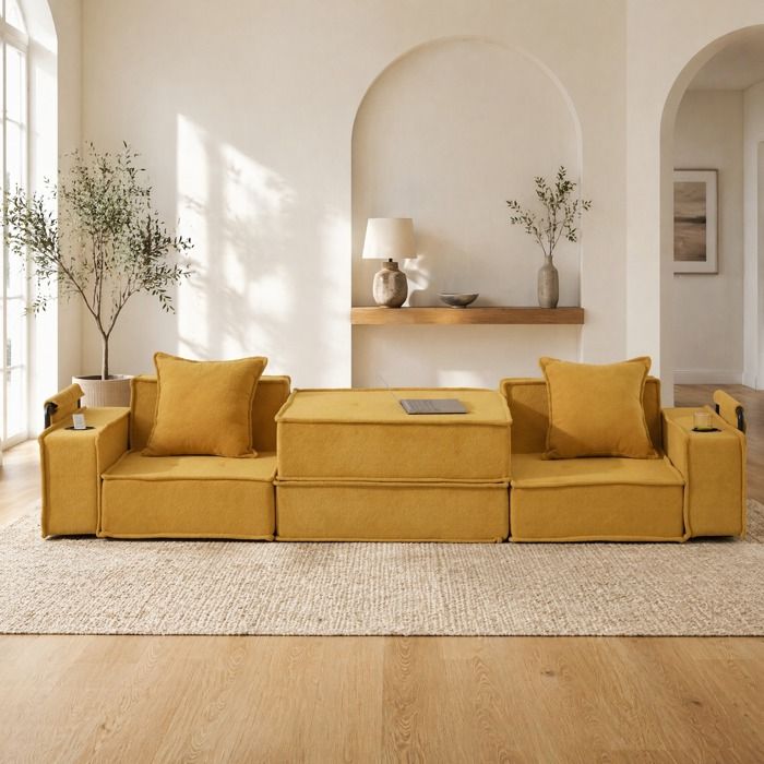 Canapé convertible 2 places modulable - TCQPZ - chenille jaune moutarde avec porte-gobelets poches et coussins 162 × 78 × 66 cm